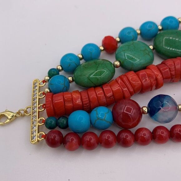 Bracelet, NWOT, 5 strand real turquoise, lapis, pearls, coral, statement, colour - Picture 3 of 16